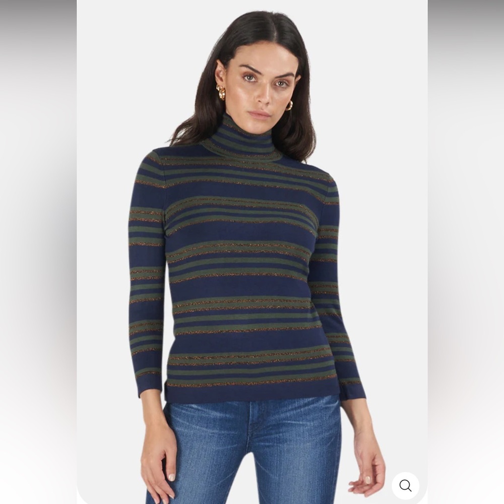 L’AGENCE Harlee Striped Turtleneck Sweater - Blue, Gold, & Olive Green